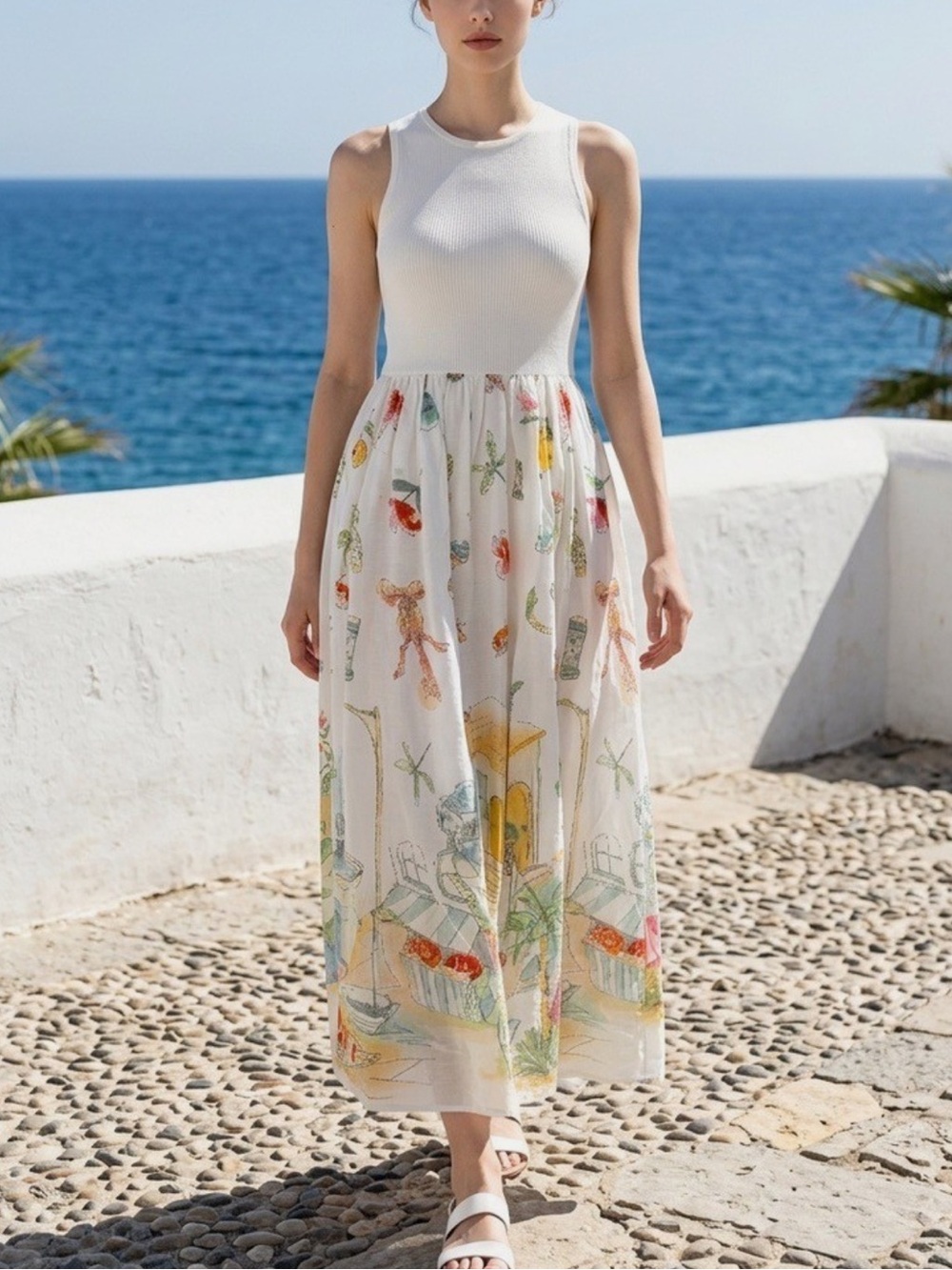 Moon River Cream Dress with Multicolor Garden Print NWOT